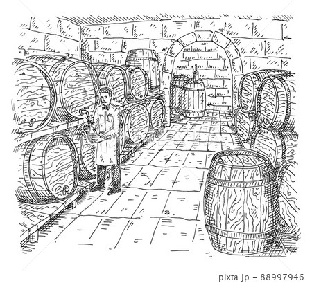 Man tastes wine in cellar with wooden barrels. Vintage hatching illustration. 88997946
