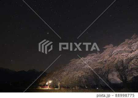 北杜市武川町、真原の桜並木の上の春の大曲線と南アルプスの山並み 北杜市武川町、真原の桜並木の上の春の大曲線と南アルプスの山並み 88998775