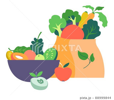 Bag and bowl with vegetables and fruits vector Bag and bowl with vegetables and fruits vector 88999844