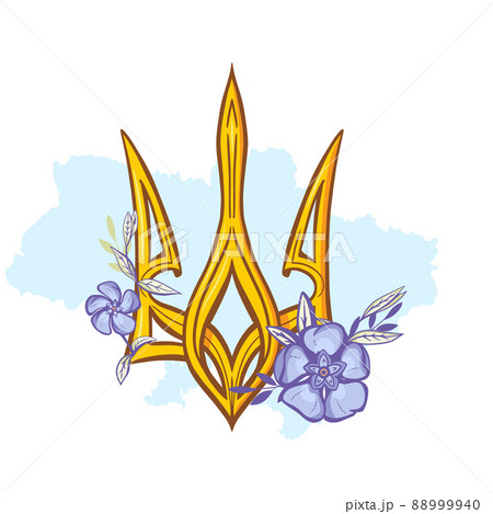 Ukrainian Trident Emblem decorated with Periwinkle Flowers and Sunflower.  88999940