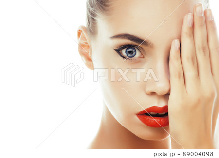 young pretty brunette real woman close up isolated on white background. Fancy fashion makeup, natural look spa 89004098