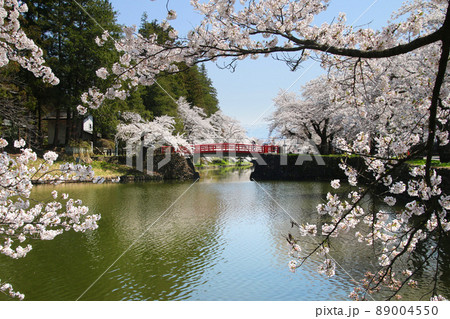 上杉神社の桜 菱門橋 山形県 米沢市 の写真素材