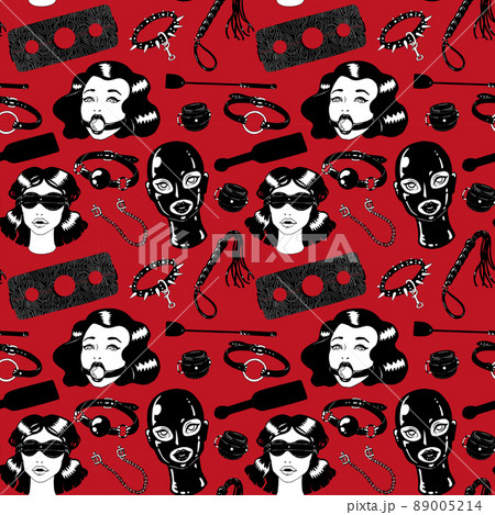 BDSM hand drawn seamless pattern. Black and white ink illustration 89005214
