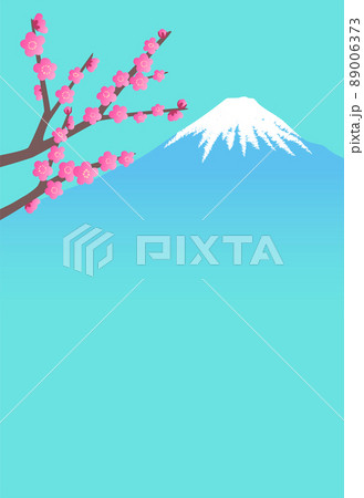 ブルーグリーンの背景に紅梅と富士山のポストカードイラスト　縦型 89006373