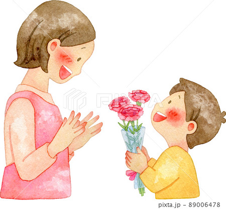 カーネーションを贈る子供と喜ぶ母親のイラスト 母の日 のイラスト素材