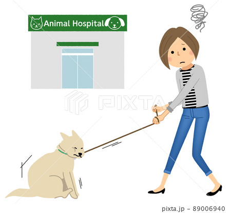 若い女性と病院へ行くのを嫌がる犬 89006940