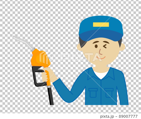 ガソリンスタンドでスタッフが給油するイラストイメージのイラスト素材