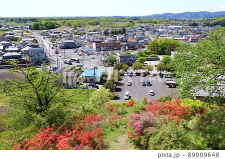 2021日本で一番幸せな町に選ばれた埼玉県鳩山町おしゃもじ山公園展望台から見た町と緑と赤いツツジ風景 89009648
