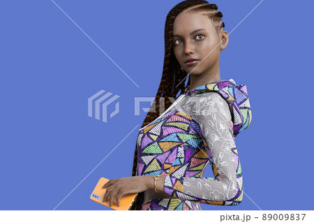 タイトなスポーツジャージを着たボックスブレイズヘアの黒人女性が携帯電話を持って遠くを見つめる 89009837