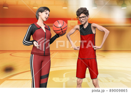 体育館で一対一のバスケットボール試合に女の子に負けちゃったメガネのがりがりの男の子 体育館で一対一のバスケットボール試合に女の子に負けちゃったメガネのがりがりの男の子 89009865