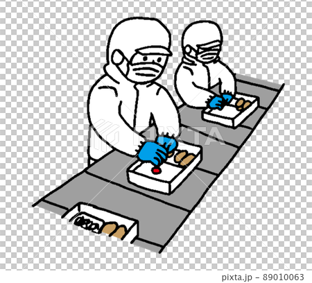 Worker in white hygiene clothes making lunch on line at a food factory (simple) 89010063