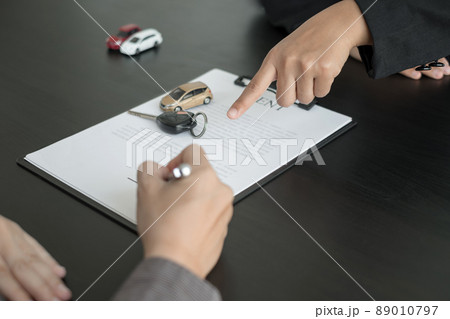 The car dealer provides advice on loans, insurance details, and car rental information, and delivers the car with the keys after the rental contract is signed 89010797