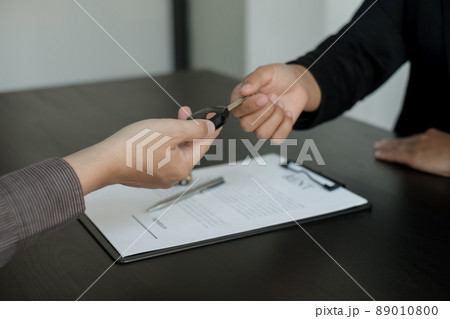 The car dealer provides advice on loans, insurance details, and car rental information, and delivers the car with the keys after the rental contract is signed 89010800