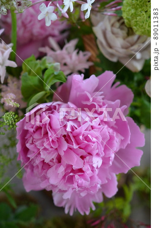 ピンクの芍薬とベージュのバラのアレンジメント ピンクの芍薬とベージュのバラのアレンジメント 89011383