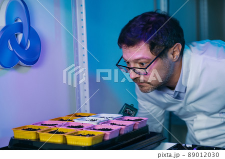 Portrait of a male laboratory assistant. Watching the seeds grow Portrait of a male laboratory assistant. Watching the seeds grow 89012030