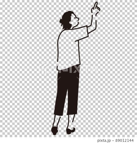 Idea: Female finger pointing, whole body, back view, line drawing, vector illustration 89012144