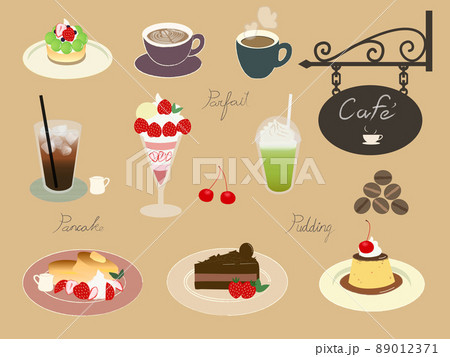 カフェの飲み物やスイーツのイラストセット カフェの飲み物やスイーツのイラストセット 89012371