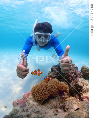 Tourist people diving with snorkel to see nemo fish , beautiful fish and coral at Samaesarn Island of Thailand 89014280