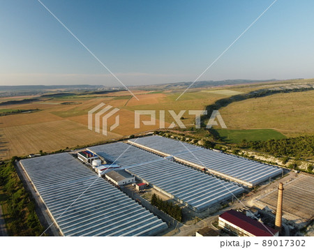 Aerial drone view of huge areas glass greenhouse for growing vegetables. Greenhouse farming, agriculture industry. Flying over large industrial greenhouses at sunset. 89017302
