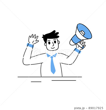 Man with megaphone. Manager with speaker. Marketing and business strategy. Outline cartoon. Businessman character. Happy man 89017925
