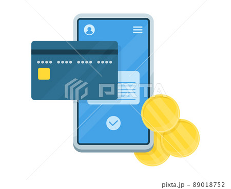 クレジットカードとモバイルフォンを連携するイラスト. オンライン決済やモバイル決済のイメージ. クレジットカードとモバイルフォンを連携するイラスト. オンライン決済やモバイル決済のイメージ. 89018752