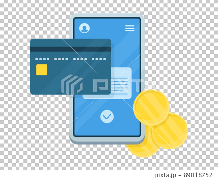 クレジットカードとモバイルフォンを連携するイラスト. オンライン決済やモバイル決済のイメージ. クレジットカードとモバイルフォンを連携するイラスト. オンライン決済やモバイル決済のイメージ. 89018752