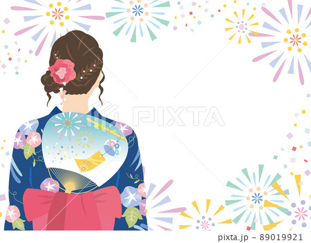 浴衣姿の女性 後ろ姿 花火 背景のイラスト素材 浴衣姿の女性 後ろ姿 花火 背景のイラスト素材