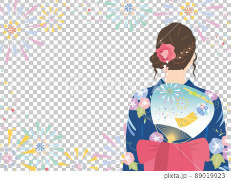 浴衣的女人,後視圖,煙花背景 浴衣的女人,後視圖,煙花背景 89019923