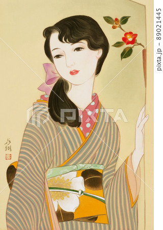 Kisho 大正浪漫 縞の着物と白椿の帯の女性のイラスト素材