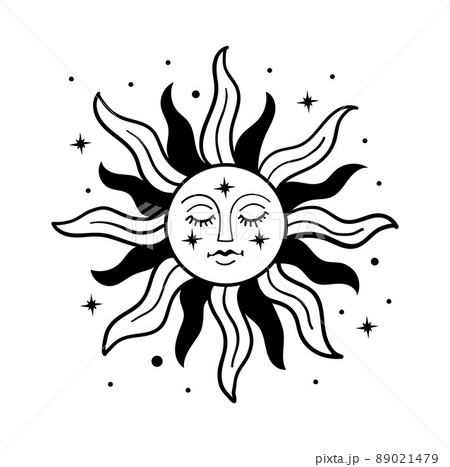 Vintage line drawing, sun with face and closed eyes, hand drawing for magical design. Mystical tattoo, mystical symbol. Linear vector drawing isolated on white background. 89021479