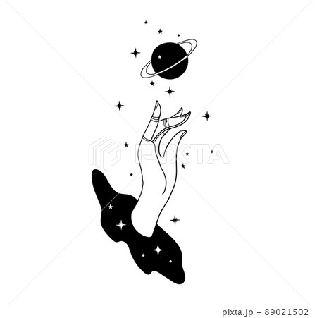 Mystical boho tattoo, female hand and the planet Saturn. Mystical art of astrology, tarot, witchcraft, magical illustration on a white background. Abstract linear space icon. 89021502