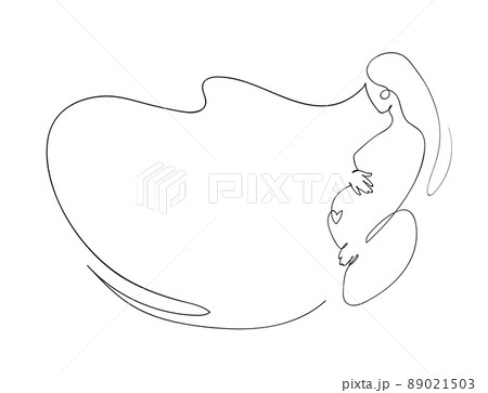 Pregnancy artline hand drawing, motherhood sketch, pregnant woman line art with continuous line. Vector banner with copyspace. 89021503