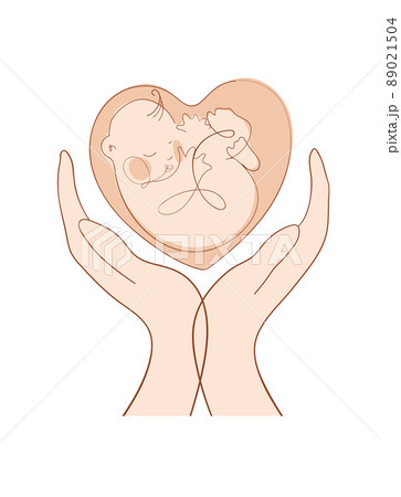 Two hands hold a baby, the concept of motherhood, childhood protection, love for children, pregnancy. Pediatrics icon, cute newborn baby logo. Artline vector illustration isolated on white background. 89021504