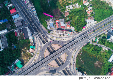 Aerial view city transport road intersection cross road Aerial view city transport road intersection cross road 89022322