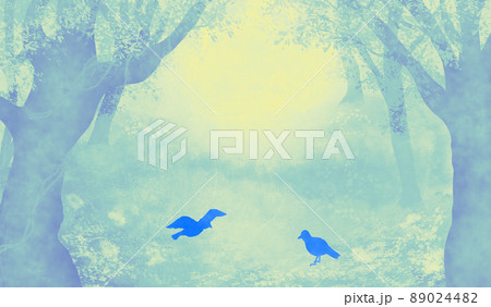 神秘的な霧がかった青い森に青い鳥二羽 和紙テクスチャの背景イラストのイラスト素材 0244