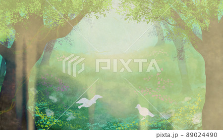 光差す神秘的な森に白い鳥二羽 和紙テクスチャの背景イラストのイラスト素材