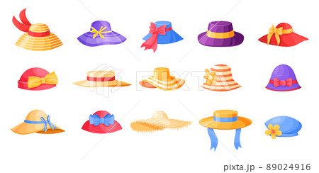 Cartoon female hat. Retro fashion headwear, modern elegant clothes. Vector hat collection illustrations isolated images headgear elegant Cartoon female hat. Retro fashion headwear, modern elegant clothes. Vector hat collection illustrations isolated images headgear elegant 89024916