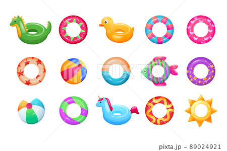 Fun water object for kid. Vector isolated beach lifebuoy collection,inflatable isolated illustrations colorful objects swimming Fun water object for kid. Vector isolated beach lifebuoy collection,inflatable isolated illustrations colorful objects swimming 89024921