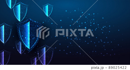 Futuristic cyber security, protection concept banner with glowing shields, copy space on dark blue  89025422