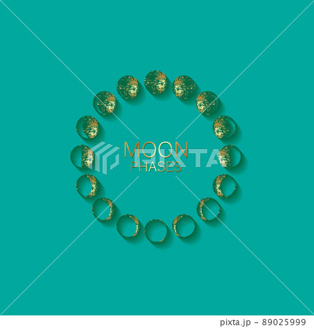 Moon phases astronomy icon set in gold foil round frame lunar cycle, full moon, waning, waxing, first quarter, gibbous, crescent, third quarter. Golden Vector Illustration on blue background Moon phases astronomy icon set in gold foil round frame lunar cycle, full moon, waning, waxing, first quarter, gibbous, crescent, third quarter. Golden Vector Illustration on blue background 89025999