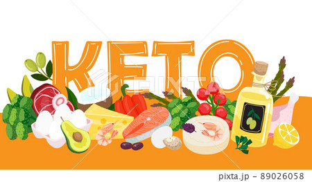 Keto diet banner. Ketogenic diet background with keto diet products and title. 89026058