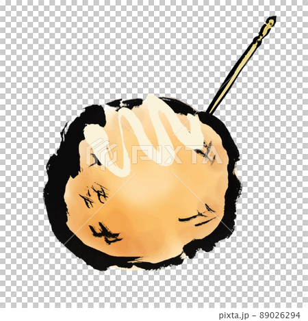 Hand-painted Japanese-style illustration of one takoyaki stabbed in a toothpick Salt mayonnaise Hand-painted Japanese-style illustration of one takoyaki stabbed in a toothpick Salt mayonnaise 89026294