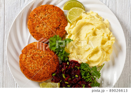 salmon patty with potato mash and beetroot salad 89026613