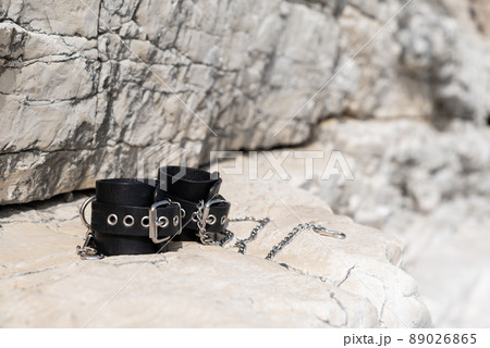 leather handcuffs for bdsm sex toys with a rocky texture 89026865