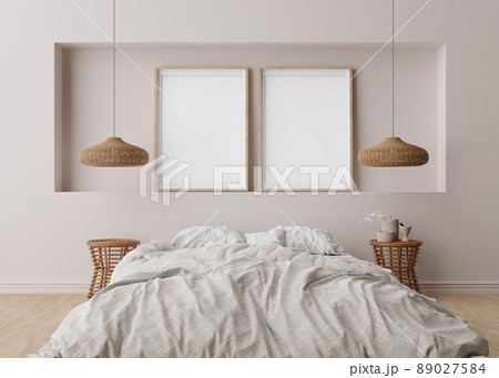 Two empty vertical picture frames on light gray wall in modern bedroom. Mock up interior in scandinavian, boho style. Free space for picture, poster. Bed, rattan lamps. 3D rendering. Two empty vertical picture frames on light gray wall in modern bedroom. Mock up interior in scandinavian, boho style. Free space for picture, poster. Bed, rattan lamps. 3D rendering. 89027584