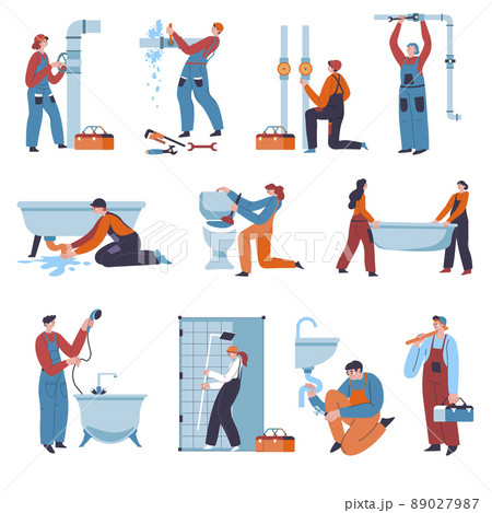 Plumber fixing sink, bathtub and leaking pipes 89027987