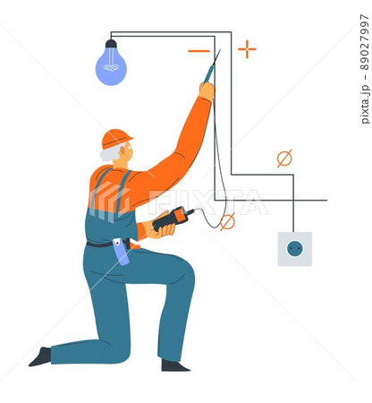 Electrician man fixing broken light bulb vector Electrician man fixing broken light bulb vector 89027997
