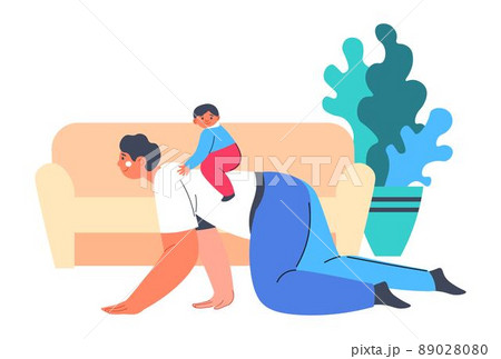 Dad playing with kid in flat child sitting on back Dad playing with kid in flat child sitting on back 89028080