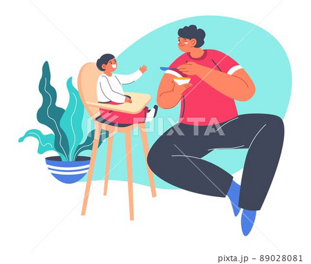 Dad feeding small boy sitting in chair, parenthood Dad feeding small boy sitting in chair, parenthood 89028081