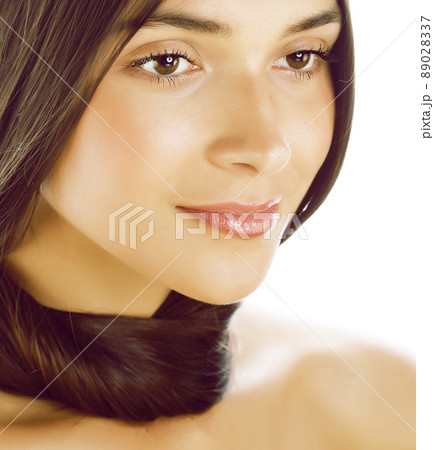 young fresh brunette tan girl with beauty hairstyle isolated on white closeup, soft spa face 89028337